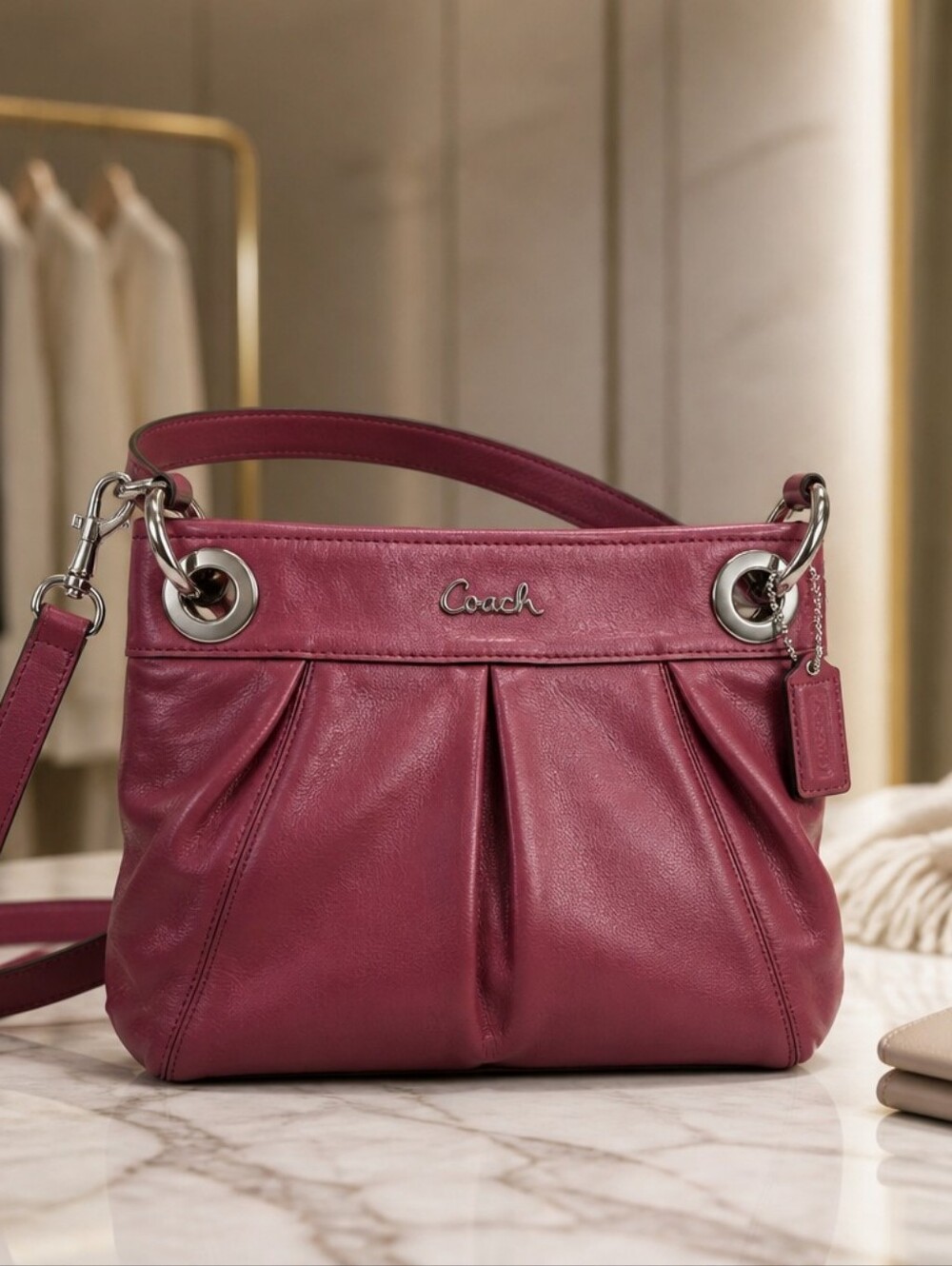 Coach Raspberry Leather Shoulder / Crossbody Bag with Silver Hardware EUC